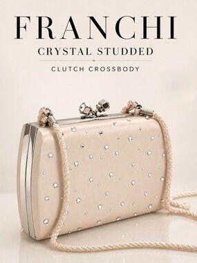 Franchi Ivory Crystal Studded Satin Clutch Crossbody Kiss Lock